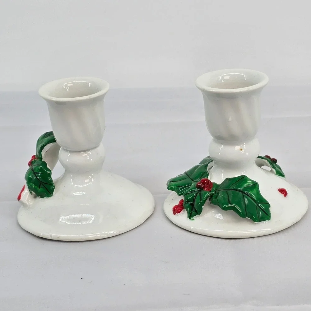 Vintage Christmas Ceramic Candle Holders Pair Holly Berry Candy Cane White 3in